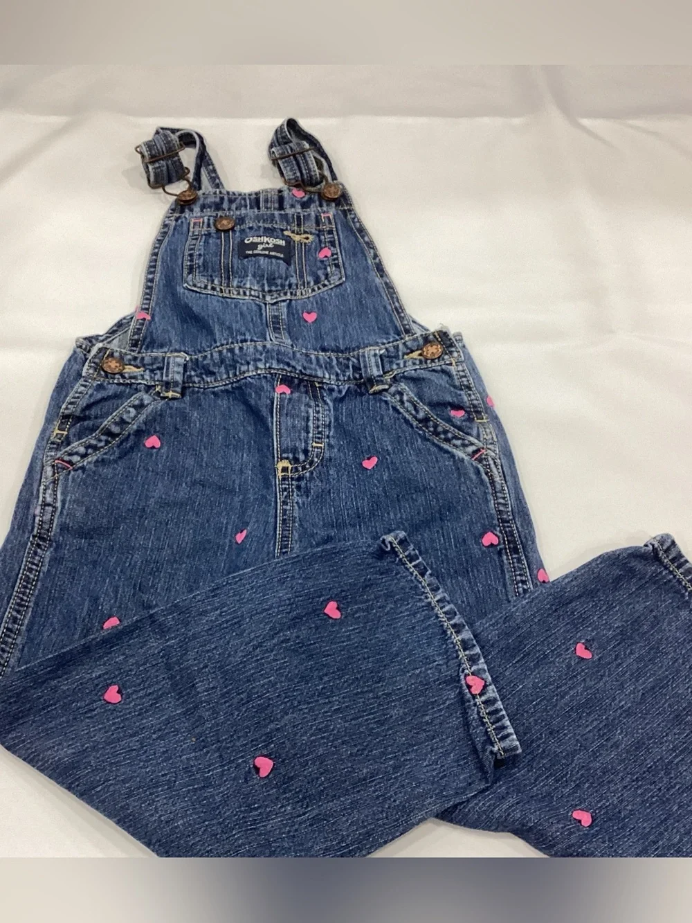 OshKosh B'gosh Blue Denim Overalls with Pink Heart Accents